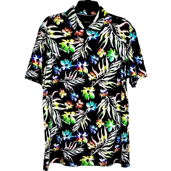 NWT Bugatchi Black Tropical Short Sleeve Button Up Shirt Men's Size Large - Picture 1 of 4